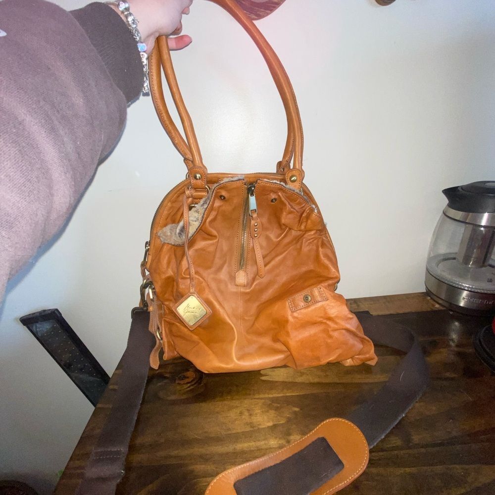 Mark + James Badgley Mischka Brown Leather Satchel with Sherpa Fold Down Flaps